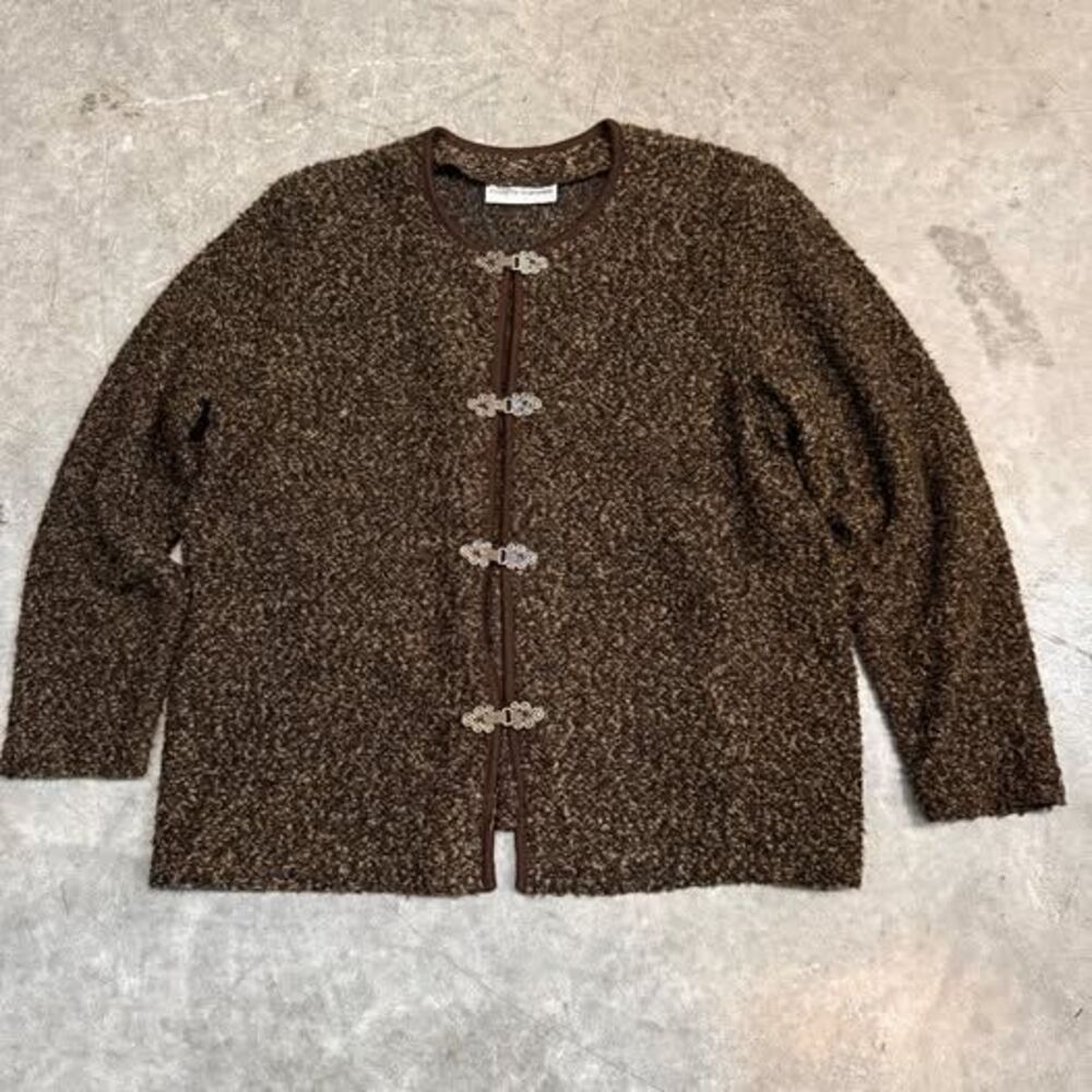 Vintage 90s Cardigan Sweater Womens Large Brown Metal Clasp Knit